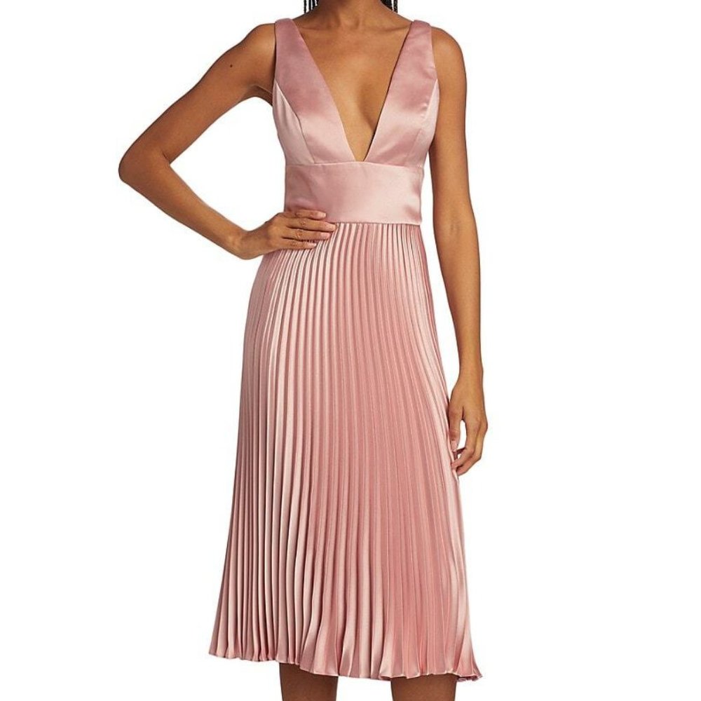 Amsale Women's Polyester V-Neck Pleated Midi Dress in Rose - FCM30